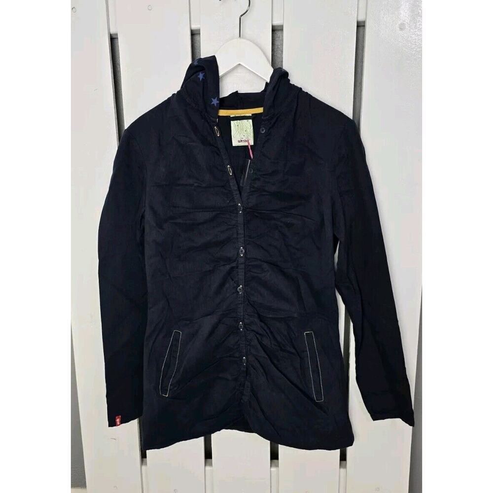 SkunkFunk SKFK Zuria Women's Y2K Blue Star Hooded Blue Ruched Button Up Jacket M